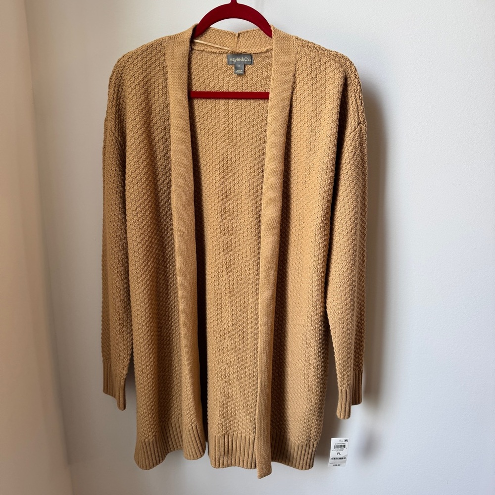 Style & Co Tan Ribbed Knit Open-Front Cardigan